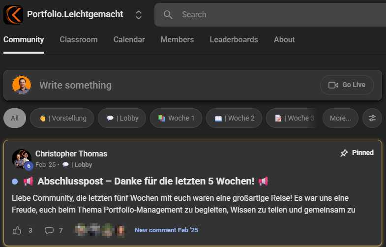 Die Gruppe der Portfolio-Schulung auf Skool mit den Themen Woche 1 bis 3 und dem Abschlusspost nach fünf Wochen
