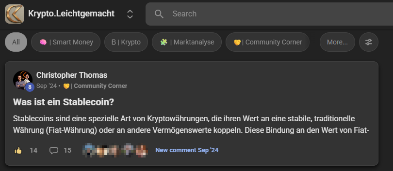 Einer der ersten Beiträge in unserer Skool-Community: die Erklärung „Was ist ein Stablecoin?“