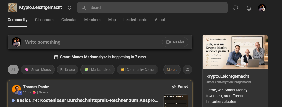 Startseite unserer kostenlosen Community auf Skool mit den Bereichen Smart Money, Krypto, Marktanalyse und Community Corner